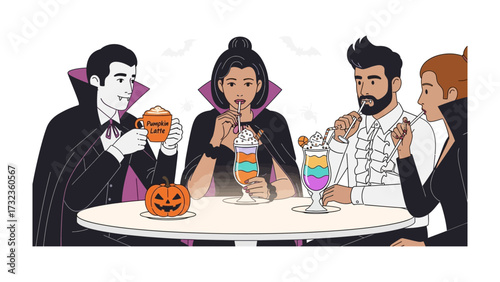 Spirited Halloween Gathering: Friends in playful Halloween attire enjoy festive drinks and treats, gathering at a table to celebrate the spooky season in a cozy atmosphere. 