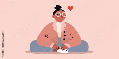 A cheerful individual embodies self-love and inner peace, captured in a soft, welcoming aesthetic, radiates warmth and well-being.