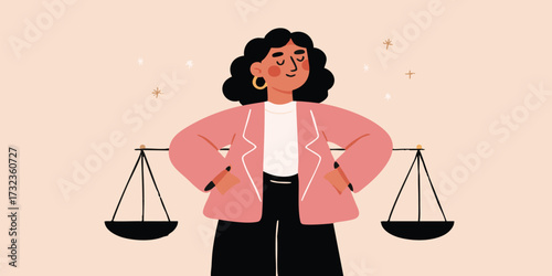 An illustration of an empowered woman, standing confidently before a balanced scale, represents the principles of justice, equality, and fairness in a modern design.