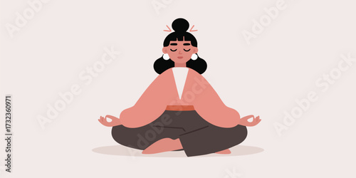 An animated illustration of a woman in a serene meditation pose, exuding tranquility and mindfulness. Perfect for promoting wellness and inner peace.