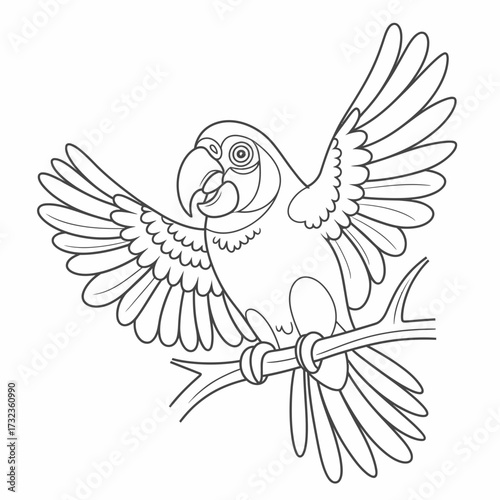 Scalable vector line drawing illustration of a talking parrot perched on a branch silhouette white background