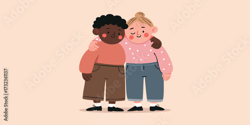 Two diverse friends embrace, their connection radiating warmth and inclusivity, fostering a sense of belonging and genuine companionship. 