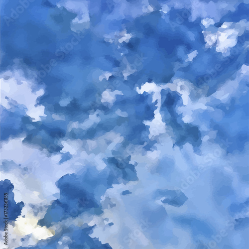 Deep-blue sky in darker rainy clouds with a bleak sun in the left bottom corner symbolizing hope; a square watercolor-styled abstract vector background for cold winter-themed prints and greeting cards