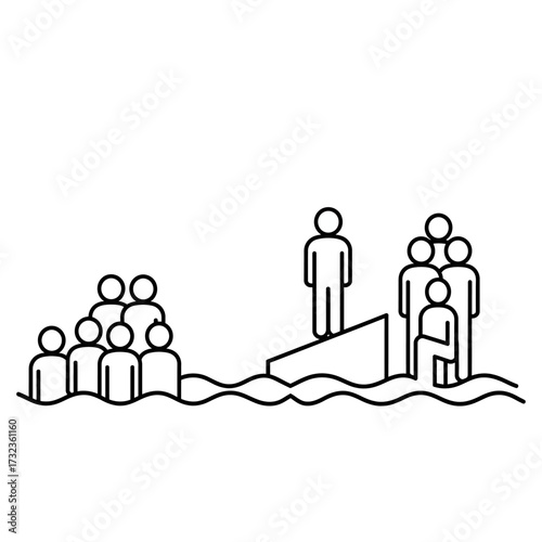 Illustration Line Art Vector Depicting a Group of People on a Beach with One Standing on a Rock in a Minimalist Style