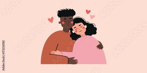 A loving couple embraces tenderly, hearts floating above, creating a heartwarming scene that celebrates love and connection.