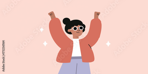 An empowering illustration captures a joyful woman with raised arms celebrating a moment of victory, embodying the essence of triumph and self-assuredness.
