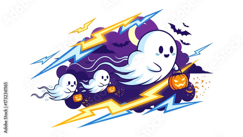 Spooky Specter Squad: Three adorable ghosts, each carrying a grinning Jack-o'-lantern, soar through a dramatic night sky filled with jagged lightning, playful bats, and a crescent moon.