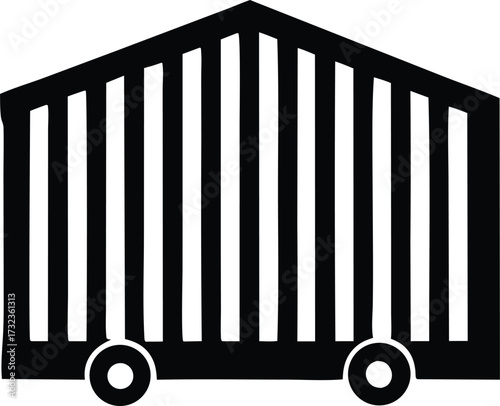 Simple black and white icon of a barn or storage unit with wheels a classic geometric shape representing storage and agriculture