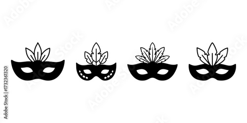 Black and white silhouetted venetian mask with feathers icon set, showcasing different venetian mask designs