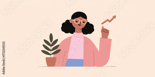 A smart woman with glasses, a cheerful expression, and a pointed index finger, stands next to a potted plant and a financial graph rising upwards.