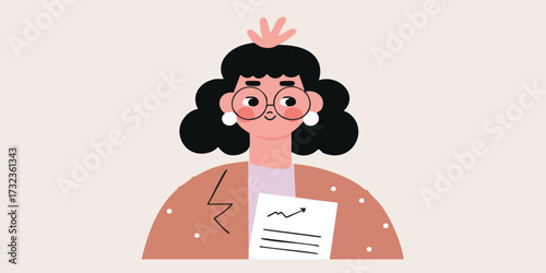 An illustration portrays a smart female executive with a business mindset holding a document, showcasing competence and analytical acumen.