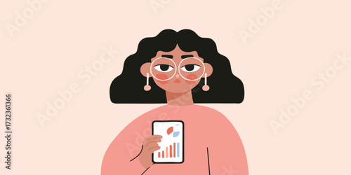 A modern illustration depicts a young woman absorbed in her mobile phone, as she studies and monitors data analytics information, revealing a world of information at her fingertips.