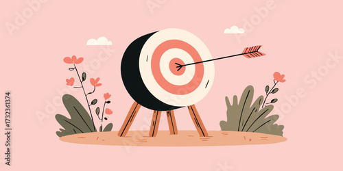 A precisely aimed arrow piercing the heart of a target, symbolizing precision, strategy, and goal attainment in a charming illustration. 