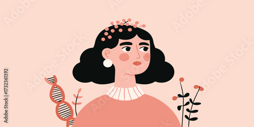 An illustrated portrait of a woman adorned with floral elements and genetic symbols. A captivating blend of art and science.
