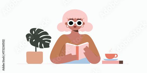 A serene illustration of a woman engrossed in the pages of a captivating book, a potted plant, and a cup of tea, an image of tranquility.