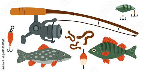 Fishing rod with fish and bait illustration —  set showing fishing rod, worms, hooks, lures, float and freshwater fish. Ideal for sport fishing, outdoor recreation, camping gear design