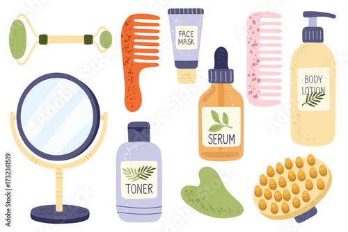 Self care and beauty routine items including mirror, comb, serum, face mask, toner, body lotion, jade roller, gua sha, and massage brush. Perfect for skincare concepts, wellness graphics, spa designs