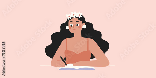 A young woman, adorned with a floral crown, focuses intently as she writes, capturing a moment of creative inspiration against a delicate blush backdrop.
