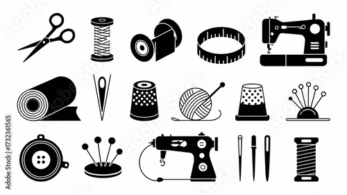 Black silhouette vector set of sewing tools and supplies scalable illustration for crafts silhouette white background