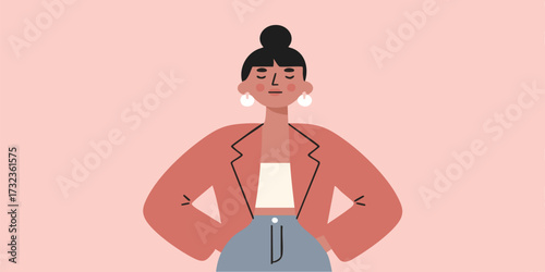 A poised and confident individual stands in a vector illustration. Depicting self-assuredness, poise, and elegance, ideal for business and lifestyle concepts.