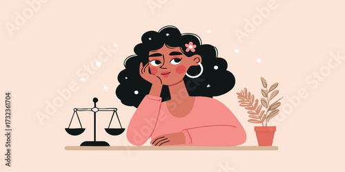 A thoughtful individual contemplates a set of balanced scales and a potted plant, rendered in a minimalist style with pastel tones. A symbol of reflection and inner harmony.