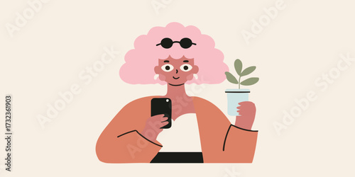 An illustrated woman, embraces the blend of modern technology and nature, clutching a smartphone and a potted plant, the style evokes a sense of gentle happiness and positivity.