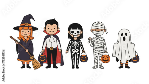 Spooky Squad: a collection of cartoon children in diverse Halloween costumes holding trick-or-treat pails. Celebrating the spirit of Halloween with cheerful smiles and whimsical outfits. 