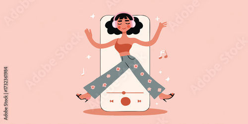 A joyful illustration capturing a woman lost in the bliss of music, with her headphones on, immersed in the rhythm. Music notes dance in the background, enhancing the scene's vibrancy.