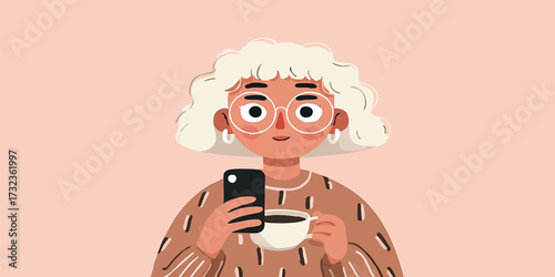 A serene illustration shows an elderly person is engrossed in their smartphone, holding a cup of coffee in hand. It's a scene of peaceful contemplation and connection in daily life.