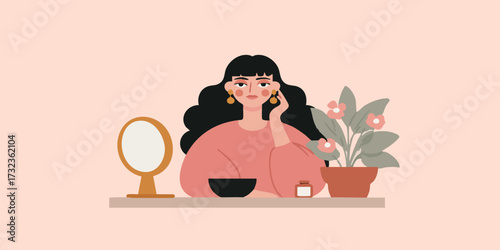 An illustration of a young woman sitting at a table looking in the mirror. Focus on her self-care routine, depicting the beauty, relaxation and the serene.