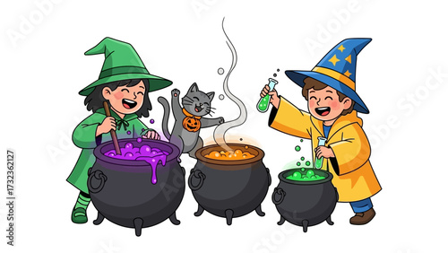 Halloween Alchemy: Two joyful children, dressed as a witch and a wizard, mix magical potions with bubbling cauldrons, accompanied by a playful cat, embodying the enchanting spirit of Halloween.
