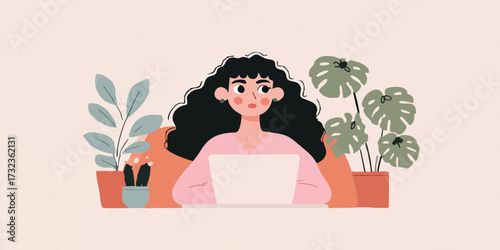 A creative woman working on her laptop, surrounded by plants, embodying focus and a modern lifestyle.