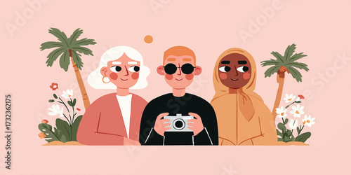 A group of friends, embracing diversity and a shared passion for travel, capture memories against a tropical backdrop, embodying friendship and exploration.