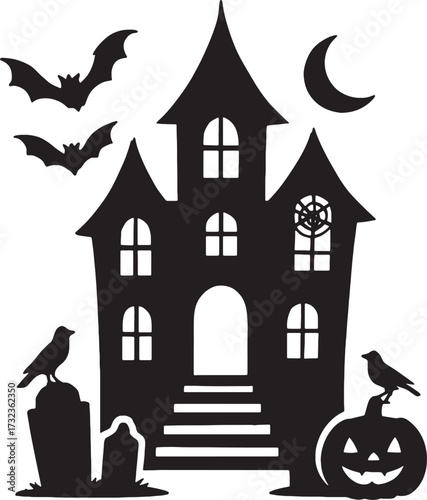 Haunted House Silhouette with Moon and Bats