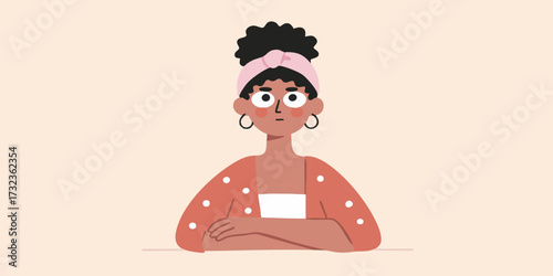 A woman with a pensive gaze, conveying a sense of deep thought and introspection, is captured in this illustration. Her crossed arms, coupled with the light background, evokes a mood of contemplation.