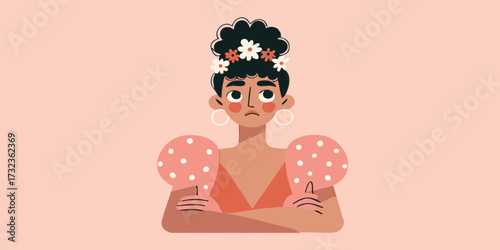 A thoughtful person, adorned with flowers, stands gracefully, embodying a serene, calm presence. Her expression suggests a quiet contemplation or gentle reflection.