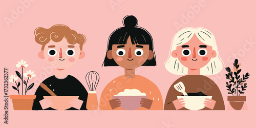 An illustration depicting three diverse individuals engaged in cooking activities, embodying the joy of creating delightful meals. A charming.
