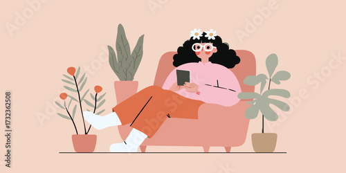 An illustrated woman relaxe...
