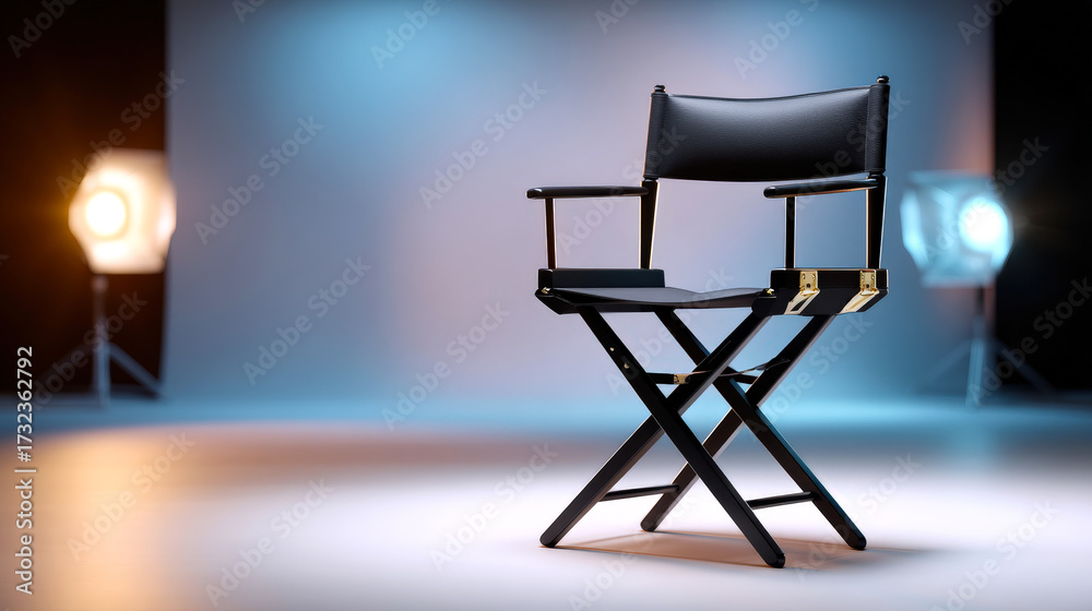 Fototapeta premium Cinematic minimal studio setup featuring black director chair illuminated by soft lighting, creating professional and artistic atmosphere. scene evokes creativity and inspiration