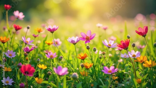 Vibrant meadow wildflowers in full bloom, bathed in sunlight  A profusion of colors and textures creates a stunning natural scene perfect for backgrounds and nature projects ,  plant,  botany,  blue