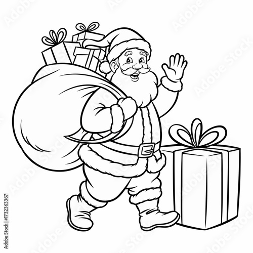 Jovial santa claus waving hand with gifts vector illustration scalable festive icon silhouette white background