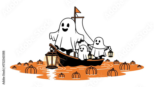 Haunted Voyage: A charming illustration depicts a spectral family of ghosts sailing on a small boat through pumpkin-filled waters, capturing the essence of Halloween fun.