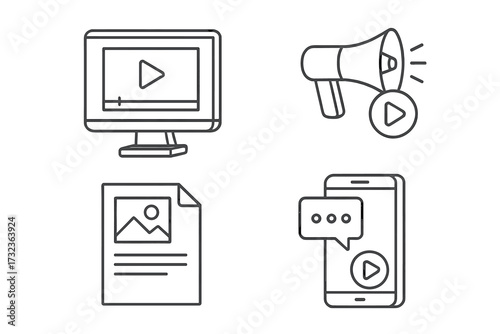 Video marketing line icon set. Digital content creation, social media promotion, and advertising concepts. Computer monitor, megaphone, document, and smartphone vector icons.