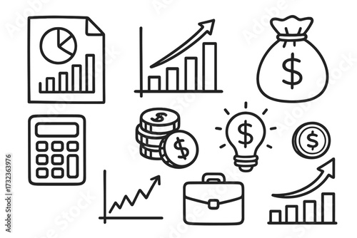 Business finance doodle icon set. Hand drawn vector of career growth, investment, profit. Money bag, chart, graph, calculator, briefcase for success and analysis concept.