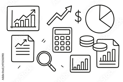 Finance business doodle icon set. Hand-drawn vector cartoon illustration. Concept for data analysis, investment growth, market research report, financial planning, statistics.