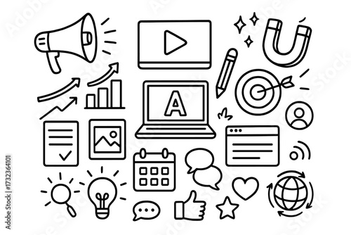 Content marketing doodle icon set. Digital business strategy. Social media promotion, advertising, SEO, audience engagement. Hand-drawn vector line art illustration elements.