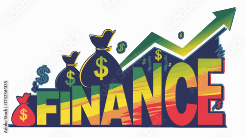 Dynamic colorful silhouette illustration of finance growth with money bags and upward trend graph silhouette white background