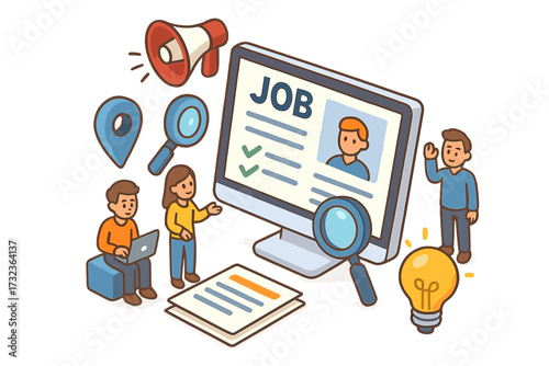 Job search and online recruitment process concept. Vector cartoon illustration of human resources hiring a candidate. Career opportunity, employment service, finding staff, vacancy.