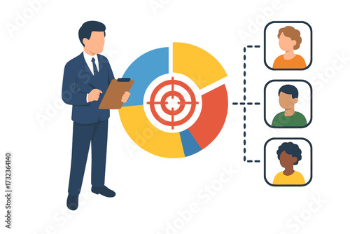 Customer segmentation and target audience analysis. Marketing strategy concept with businessman and chart. Market research for buyer personas, consumer groups, and niche targeting.