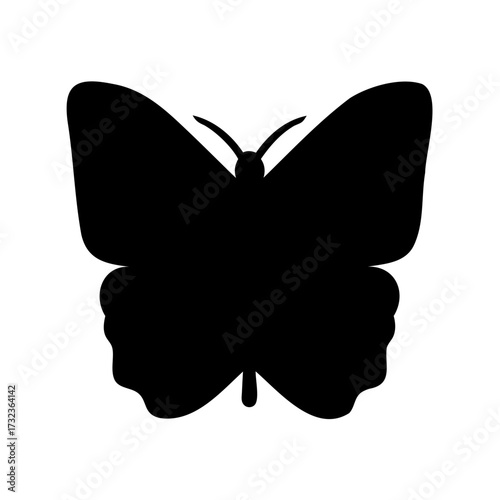 Stylized black butterfly silhouette with abstract wing pattern against white background
